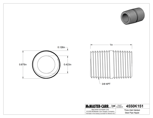 Technical drawing of Thick-Wall Welded Steel Pipe Nipple, Fully Threaded, 3/8 Pipe Size.
